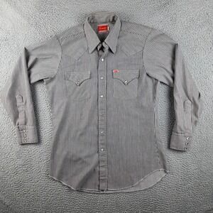Vintage Ely Plains Western Shirt Mens 16 - 34 Gray Striped Pearl Snap Cowboy
